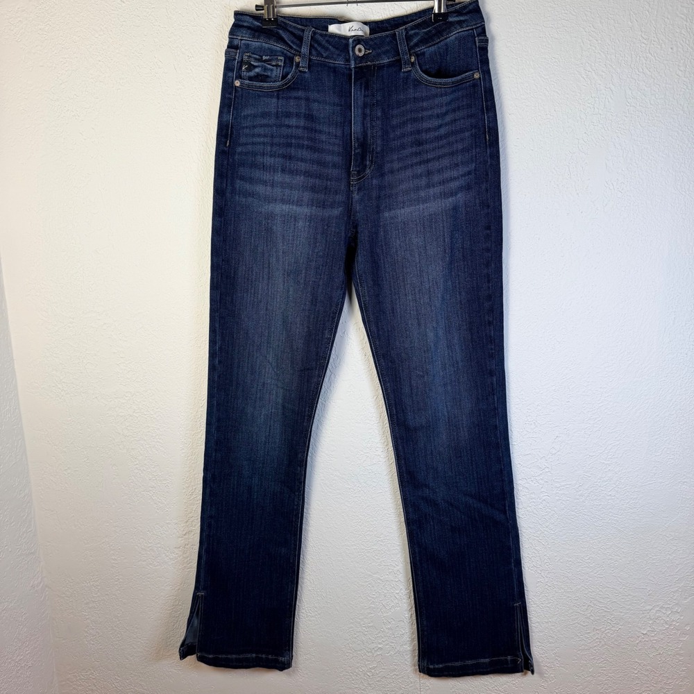 KanCan Women's 9/28 High Rise Straight Leg Jeans Dark Wash Side Slit Hem